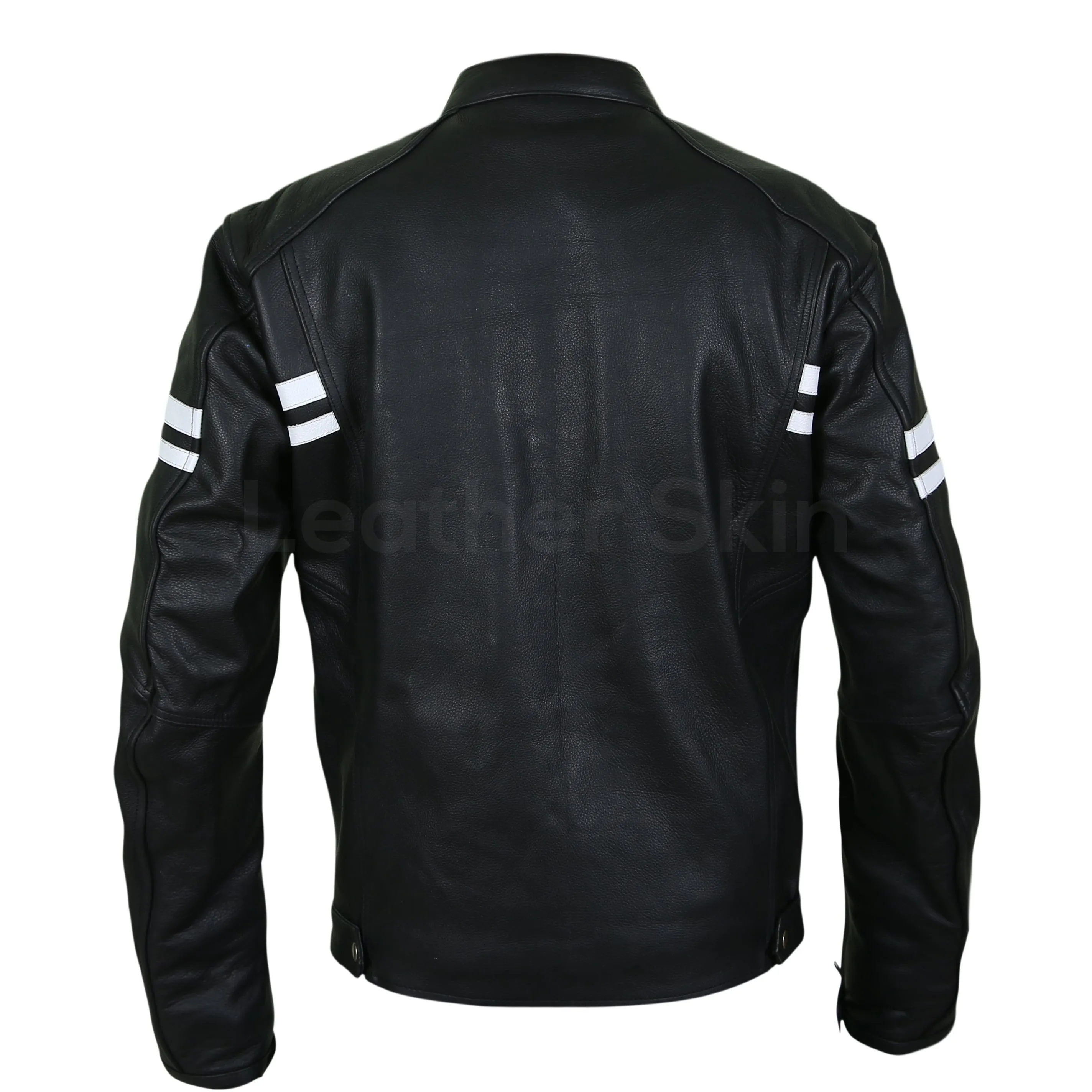 Men Black Vintage Biker Motorcycle Leather Jacket with White Stripes