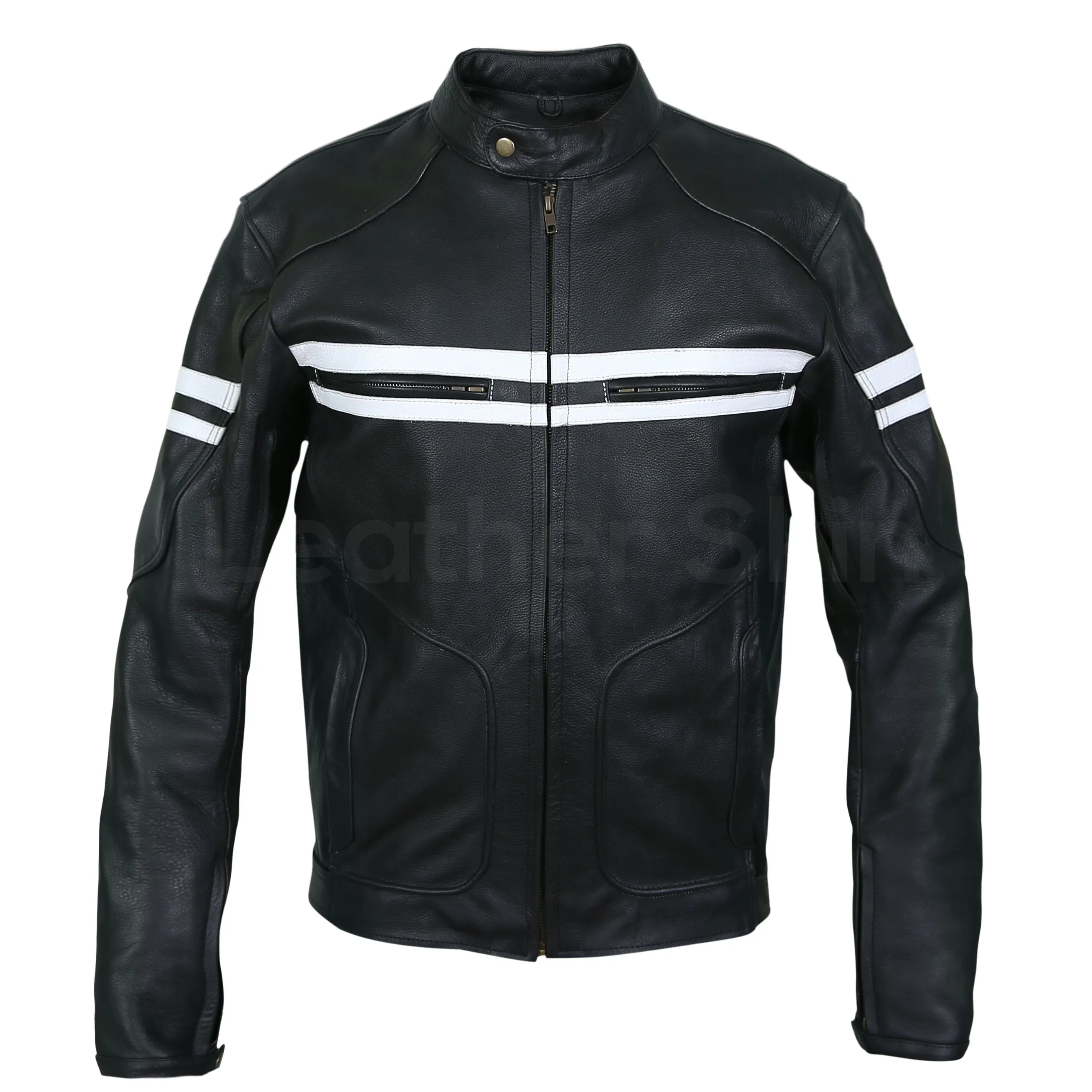 Men Black Vintage Biker Motorcycle Leather Jacket with White Stripes