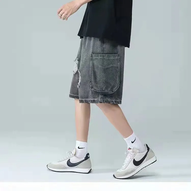 Men Denim Shorts Ripped Denim Shorts Men's Summer Loose
