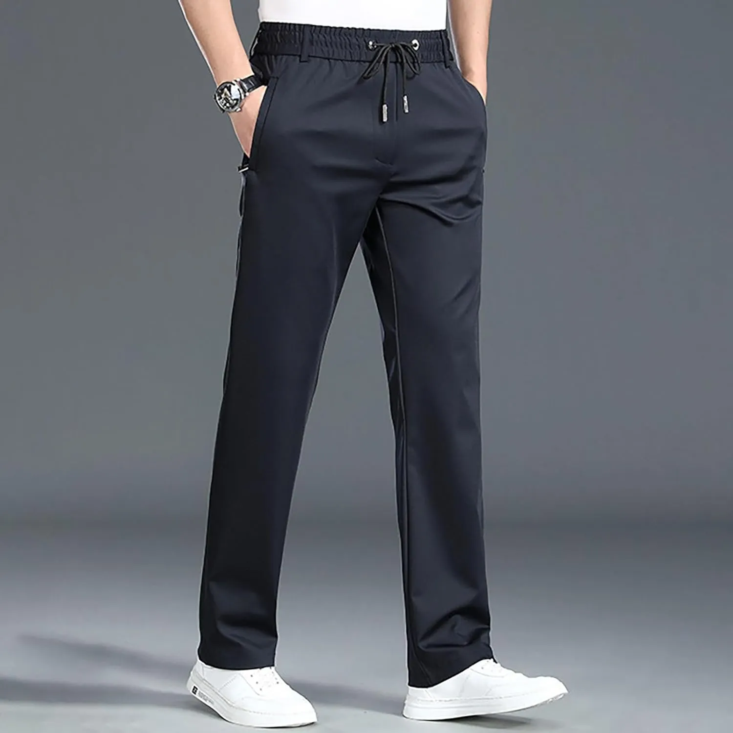 Men Dress Pants Plus Size Casual Business Trousers Straight Leg Fall Pants Solid Drawstring Elastic Waist Slacks