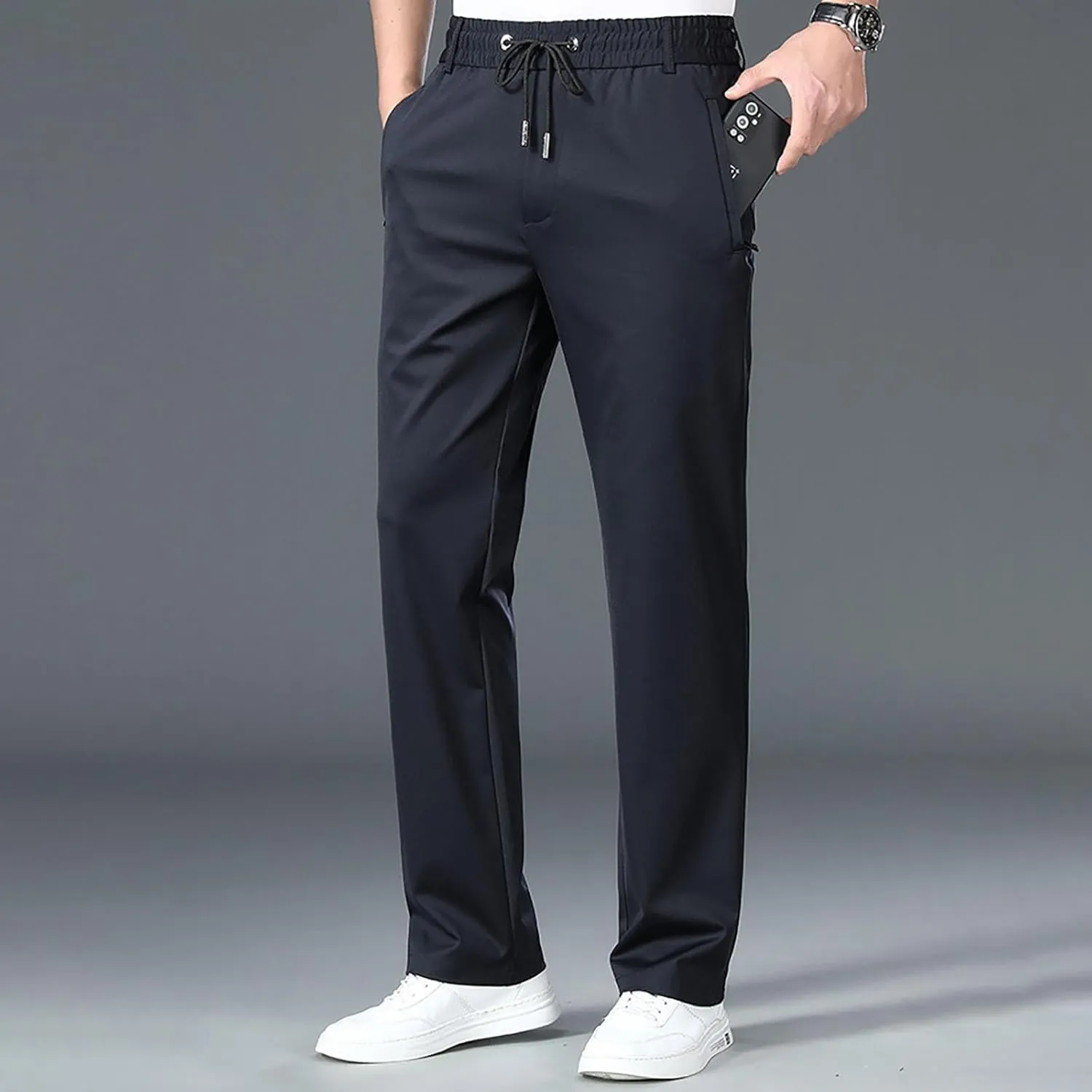 Men Dress Pants Plus Size Casual Business Trousers Straight Leg Fall Pants Solid Drawstring Elastic Waist Slacks