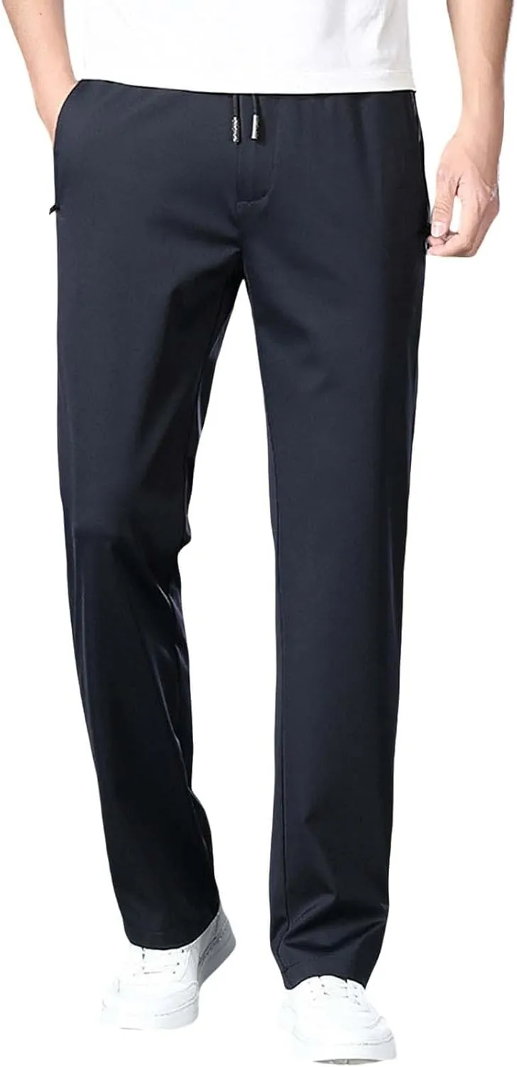 Men Dress Pants Plus Size Casual Business Trousers Straight Leg Fall Pants Solid Drawstring Elastic Waist Slacks
