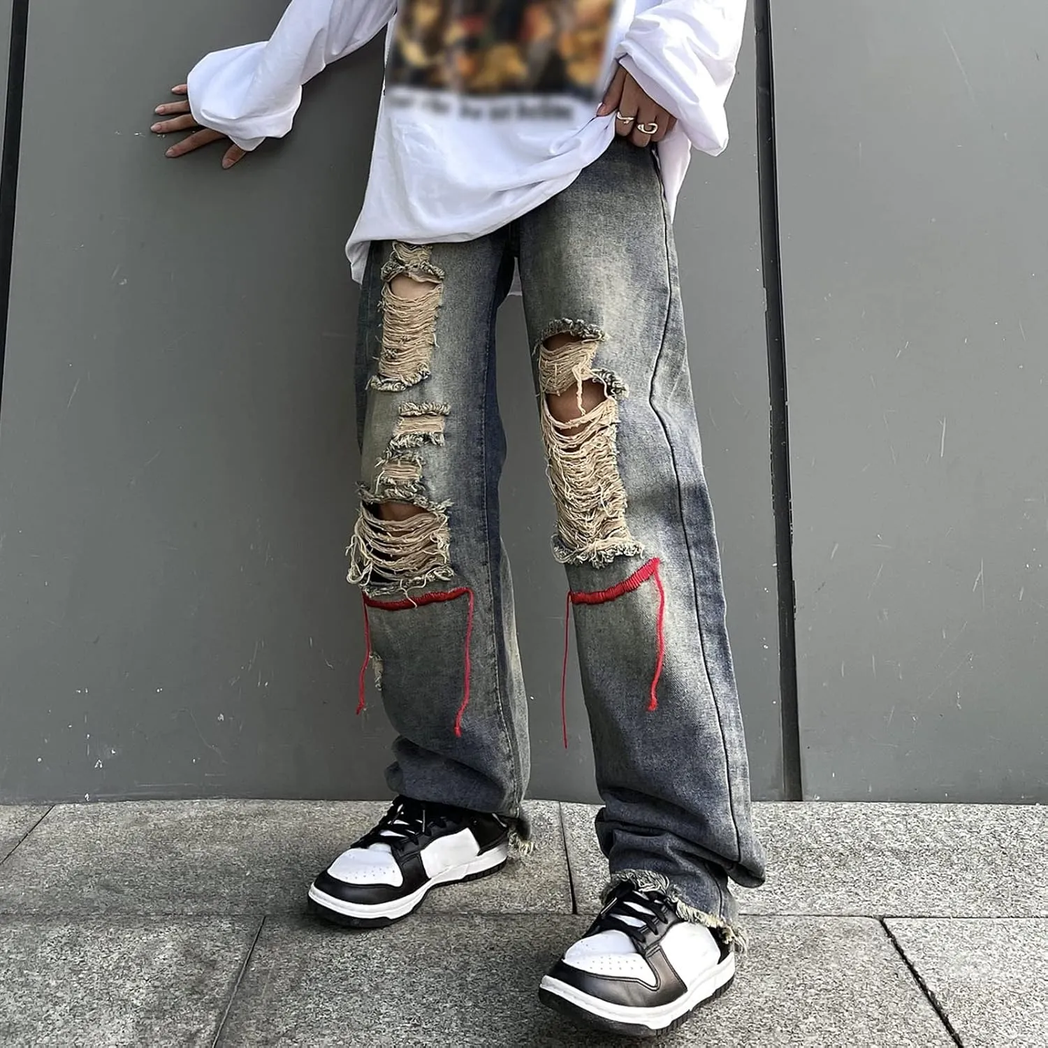 Men Fashion Loose Plus Size Jeans Street Wide Leg Trousers Pants Relaxed Fit Stretch