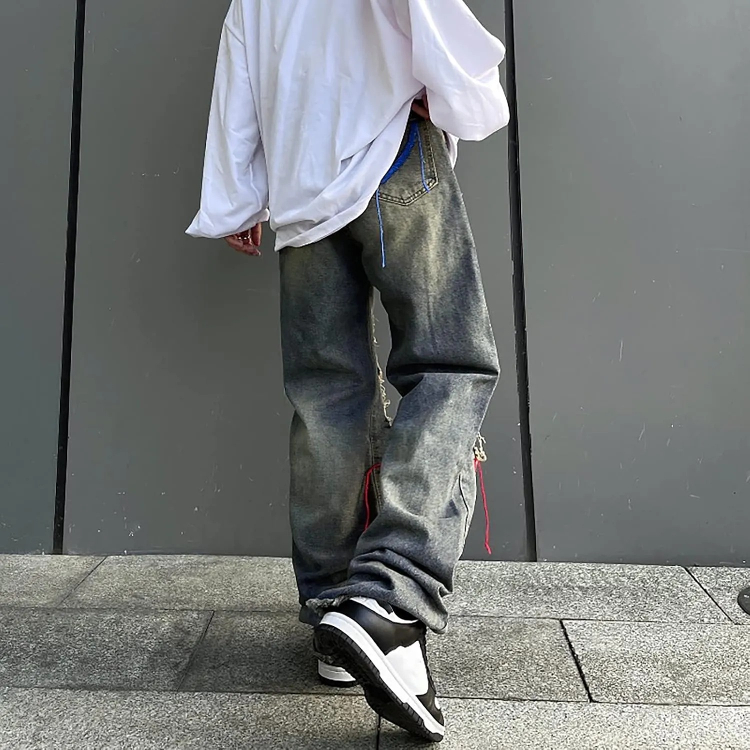 Men Fashion Loose Plus Size Jeans Street Wide Leg Trousers Pants Relaxed Fit Stretch