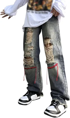 Men Fashion Loose Plus Size Jeans Street Wide Leg Trousers Pants Relaxed Fit Stretch