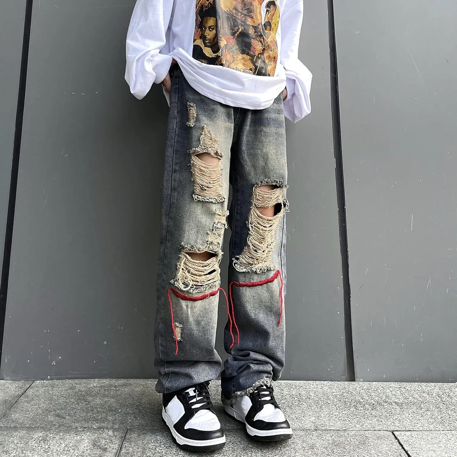 Men Fashion Loose Plus Size Jeans Street Wide Leg Trousers Pants Relaxed Fit Stretch