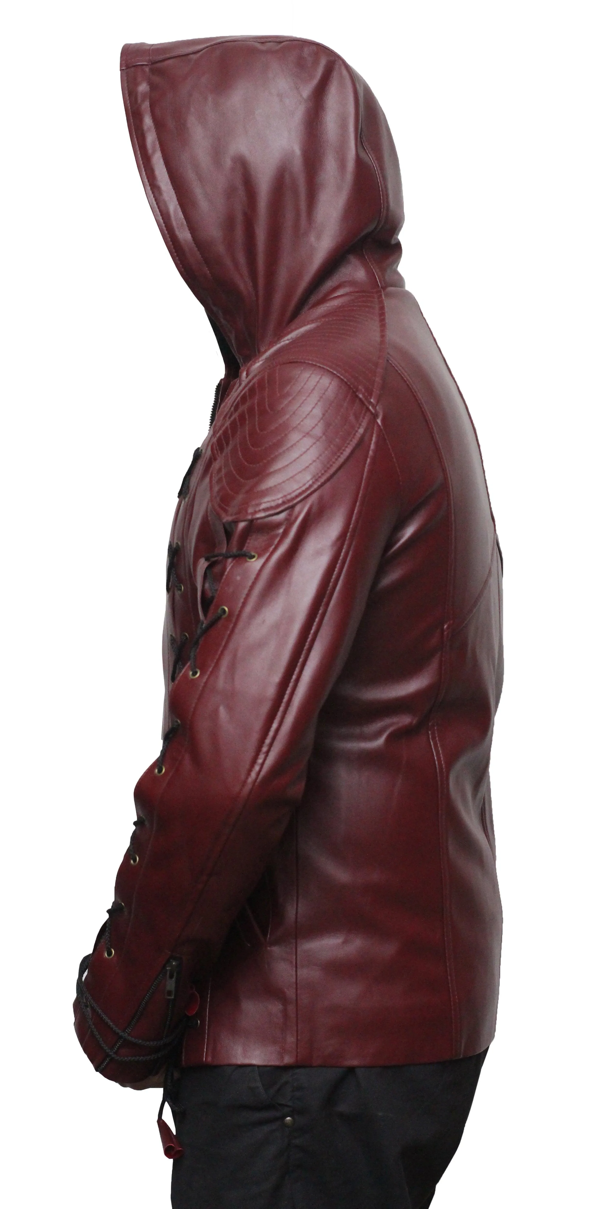 Men Faux Leather Motorcycle Hooded Jacket - Maroon
