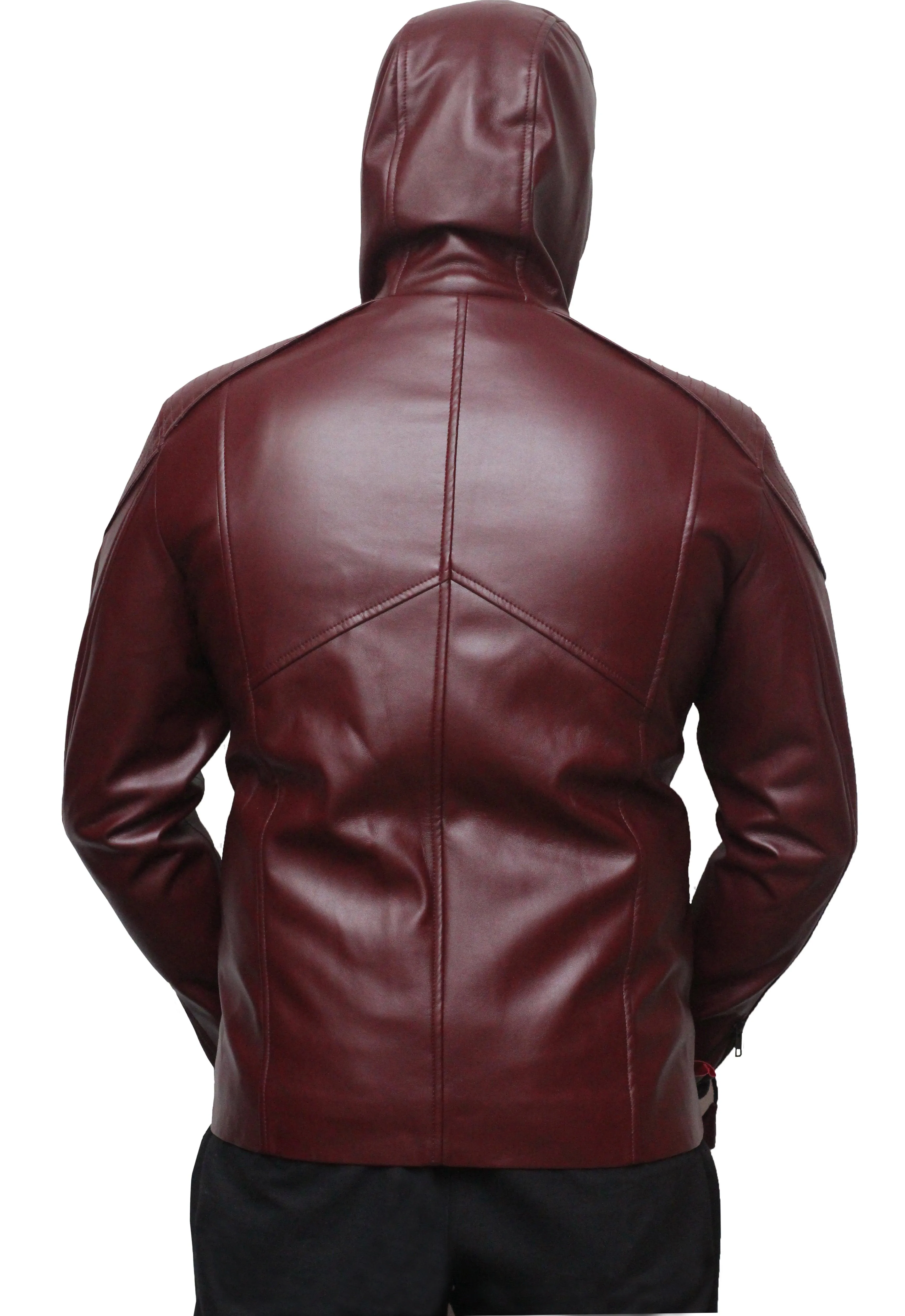 Men Faux Leather Motorcycle Hooded Jacket - Maroon