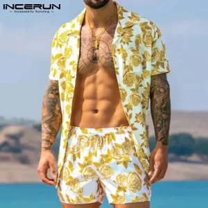 Men Hawaiian Sets Printing Summer Short Sleeve Button Shirt Beach Shorts Streetwear Casual Mens Suit 2 Pieces INCERUN XL S2470731