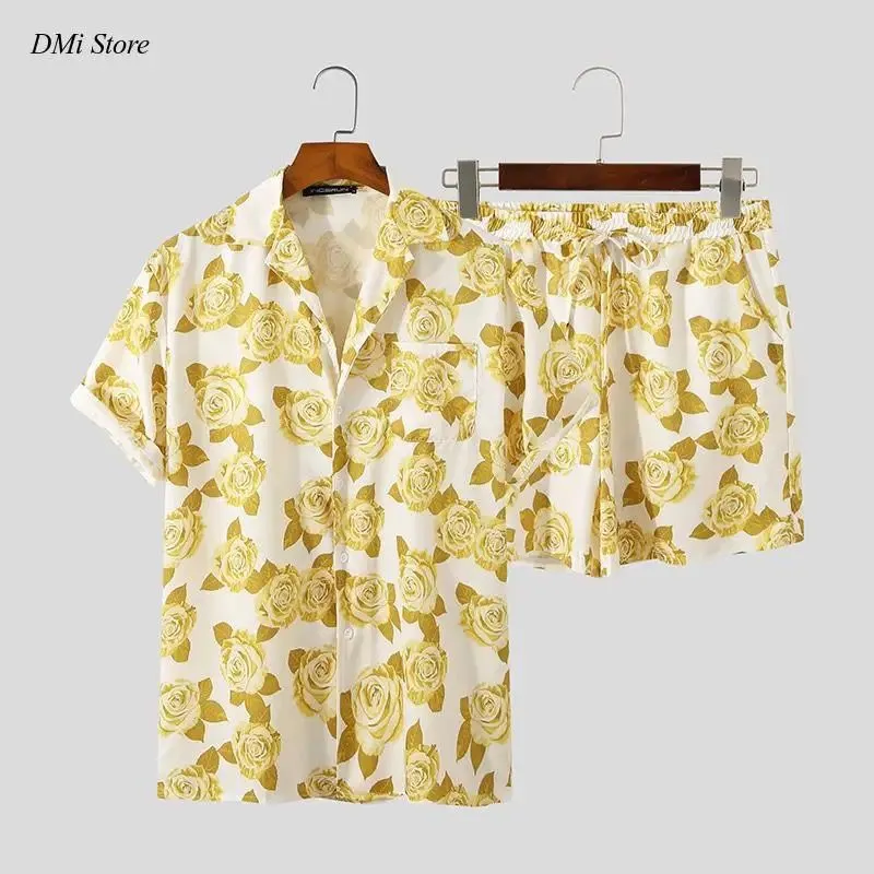 Men Hawaiian Sets Printing Summer Short Sleeve Button Shirt Beach Shorts Streetwear Casual Mens Suit 2 Pieces INCERUN XL S2470731