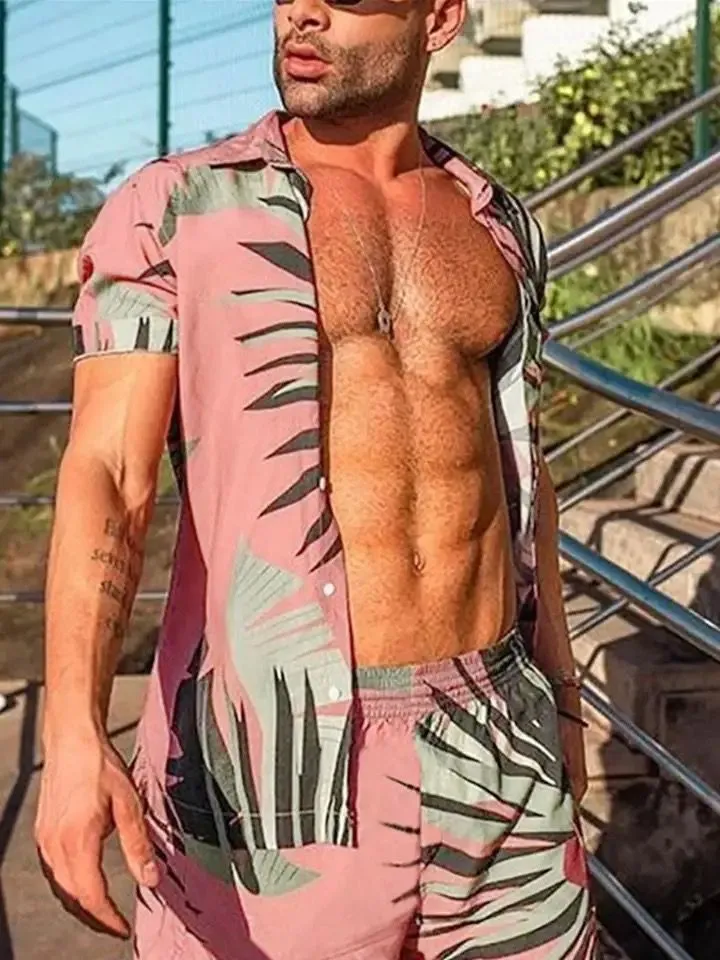 Men Hawaiian Sets Printing Summer Short Sleeve Button Shirt Beach Shorts Streetwear Casual Mens Suit 2 Pieces INCERUN XL S2470731