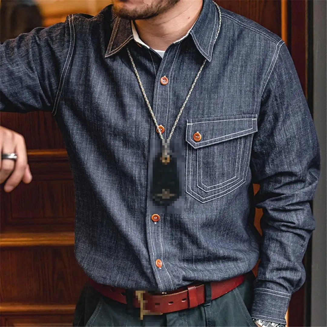 Men Jean Washed Solid Work Shirt Selvedge Jean Shirt Long Sleeve Shirt Jacket Vintage Tops