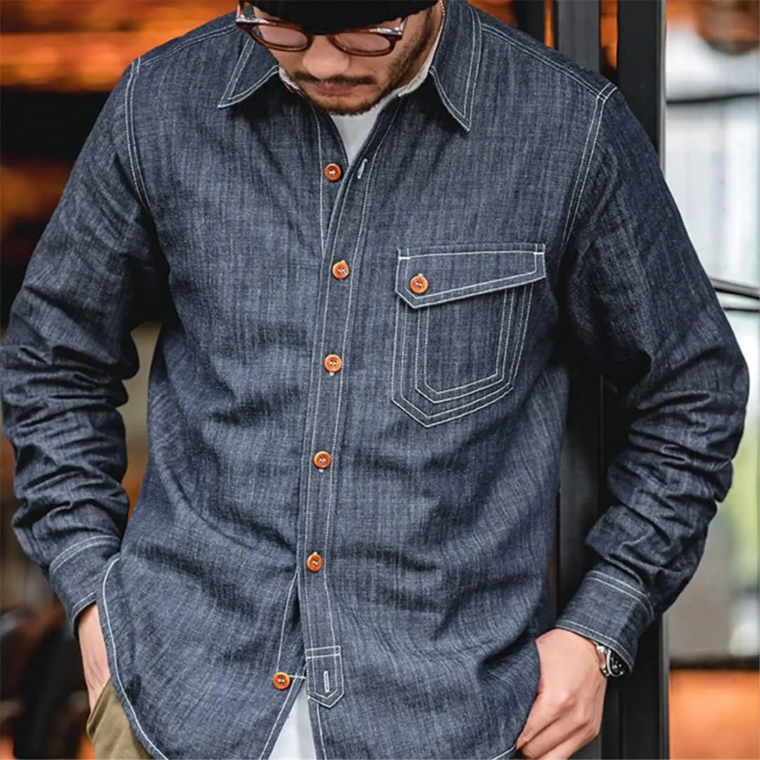 Men Jean Washed Solid Work Shirt Selvedge Jean Shirt Long Sleeve Shirt Jacket Vintage Tops