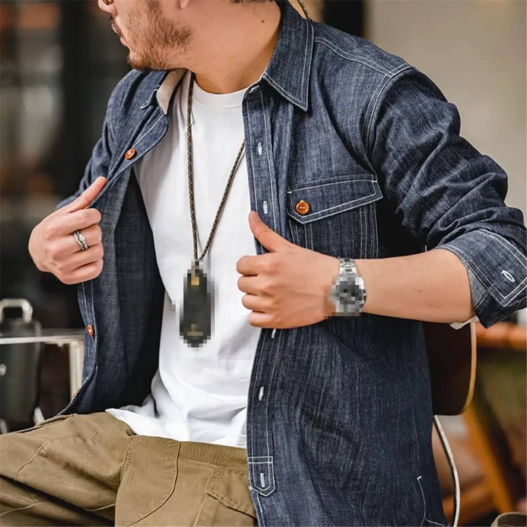 Men Jean Washed Solid Work Shirt Selvedge Jean Shirt Long Sleeve Shirt Jacket Vintage Tops
