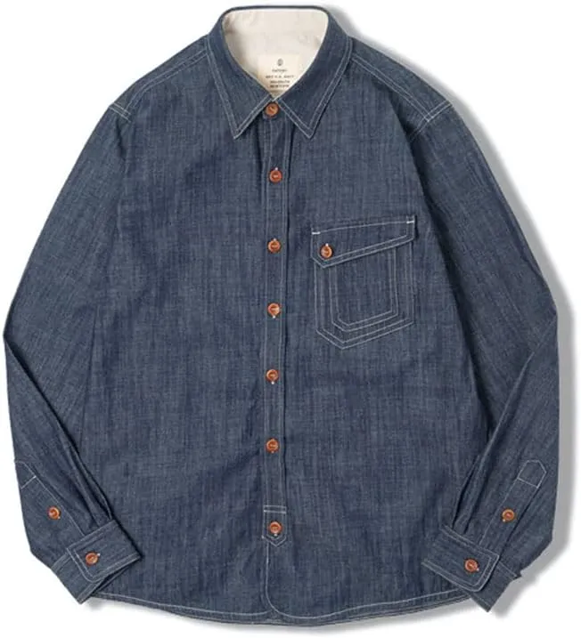 Men Jean Washed Solid Work Shirt Selvedge Jean Shirt Long Sleeve Shirt Jacket Vintage Tops