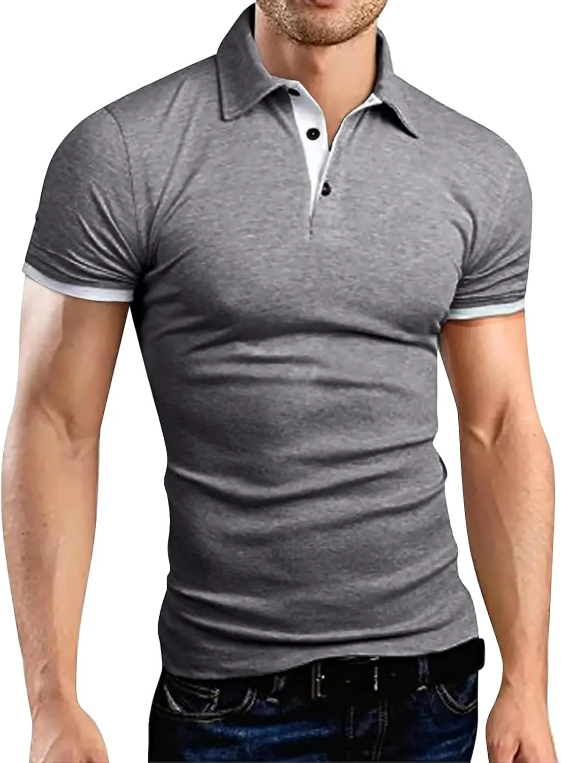 Men Polo Shirt Slim Fit Short Sleeve Cotton Golf Shirt Solid Performance Casual T-Shirts Lapel Collared Work Shirts