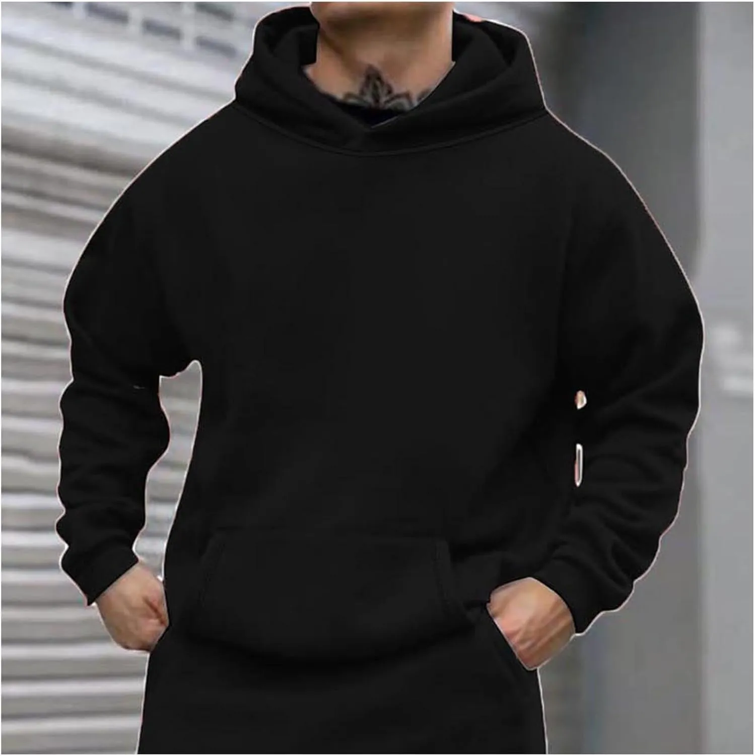 Men Solid Basic Hoodie Fleece Lined Pullover Drop Sleeve Hoodie Lightweight Long Sleeve Sweatshirt with Kangaroo Pocket