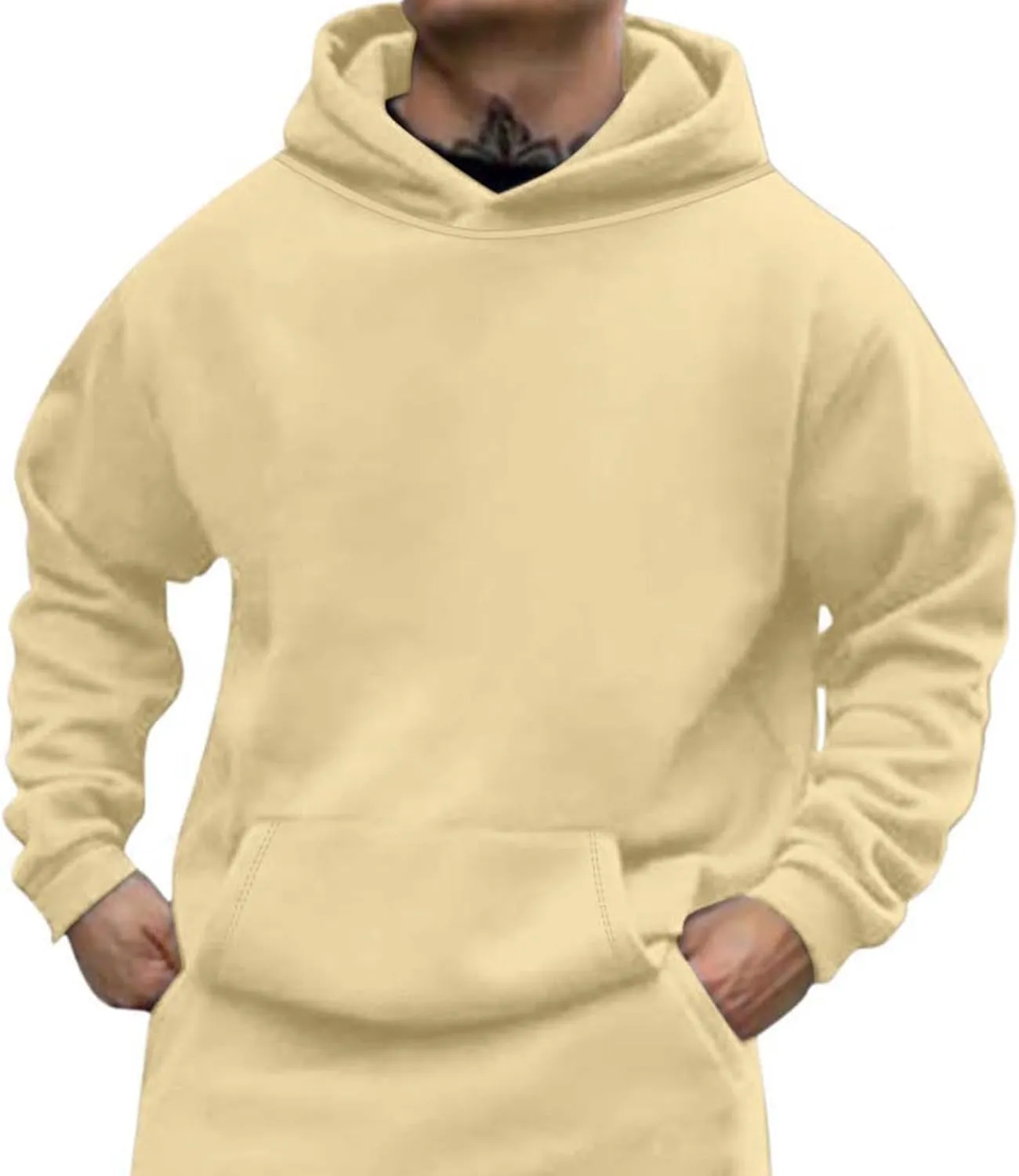 Men Solid Basic Hoodie Fleece Lined Pullover Drop Sleeve Hoodie Lightweight Long Sleeve Sweatshirt with Kangaroo Pocket