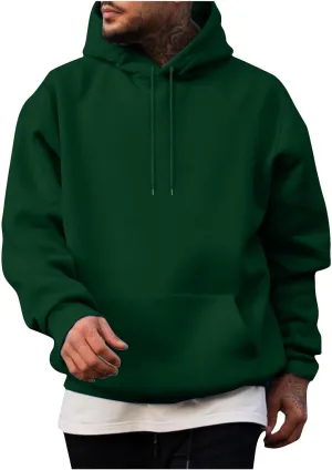 Men Solid Basic Hoodie Fleece Lined Pullover Drop Sleeve Hoodie Lightweight Long Sleeve Sweatshirt with Kangaroo Pocket