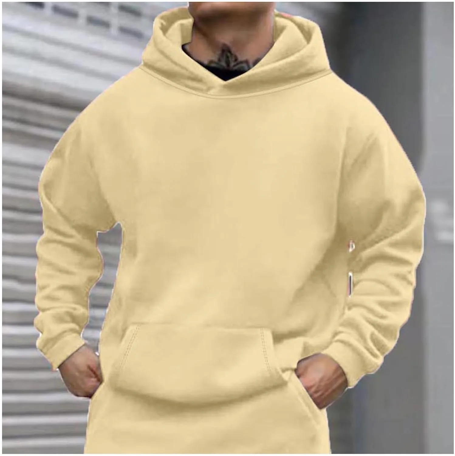 Men Solid Basic Hoodie Fleece Lined Pullover Drop Sleeve Hoodie Lightweight Long Sleeve Sweatshirt with Kangaroo Pocket