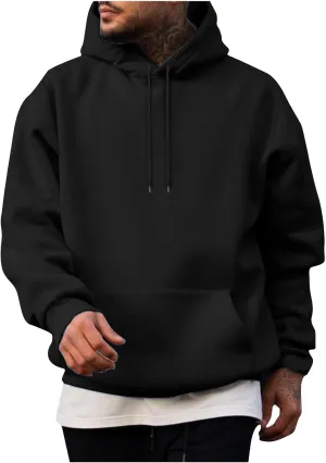 Men Solid Basic Hoodie Fleece Lined Pullover Drop Sleeve Hoodie Lightweight Long Sleeve Sweatshirt with Kangaroo Pocket