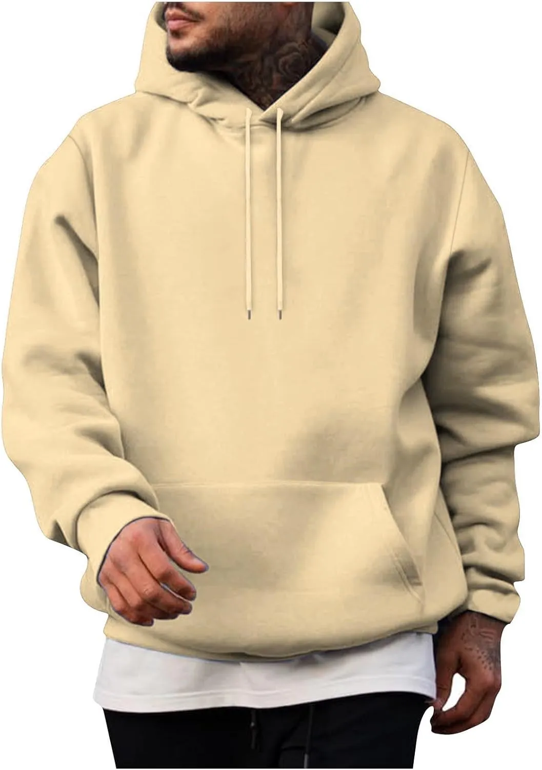 Men Solid Basic Hoodie Fleece Lined Pullover Drop Sleeve Hoodie Lightweight Long Sleeve Sweatshirt with Kangaroo Pocket