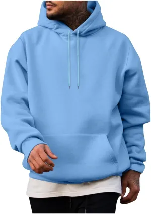 Men Solid Basic Hoodie Fleece Lined Pullover Drop Sleeve Hoodie Lightweight Long Sleeve Sweatshirt with Kangaroo Pocket