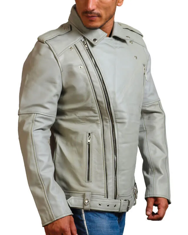 Men White Biker Leather Jacket