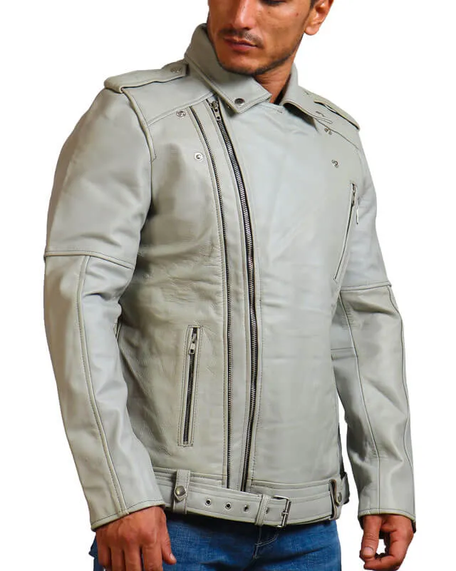 Men White Biker Leather Jacket