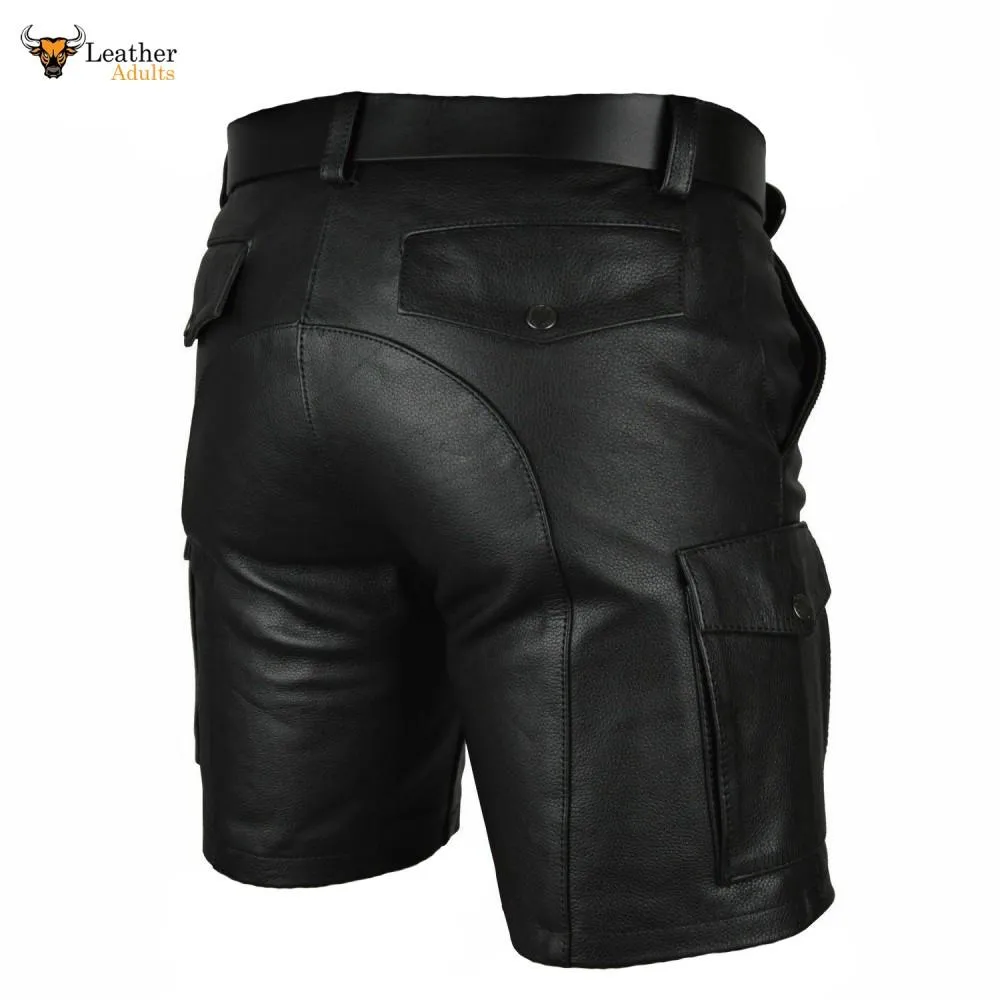 Mens 100% Genuine Leather Cargo Shorts With Six Pocket and Belt