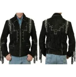 Men's Black Cowboy Suede Western Jacket, Cowboy Style Suede Jacket With Fringe