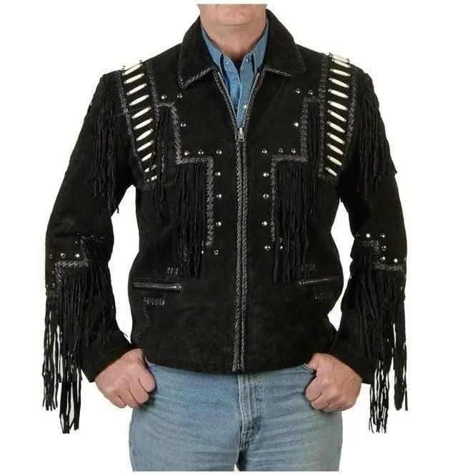 Men's Black Cowboy Suede Western Jacket, Cowboy Style Suede Jacket With Fringe