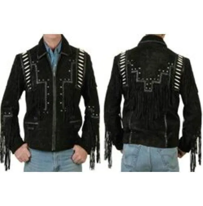 Men's Black Cowboy Suede Western Jacket, Cowboy Style Suede Jacket With Fringe