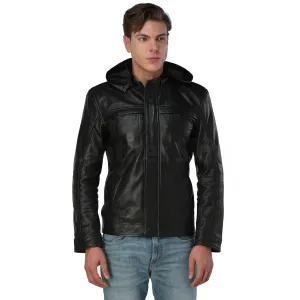 Men’s Black Hooded Leather Jacket