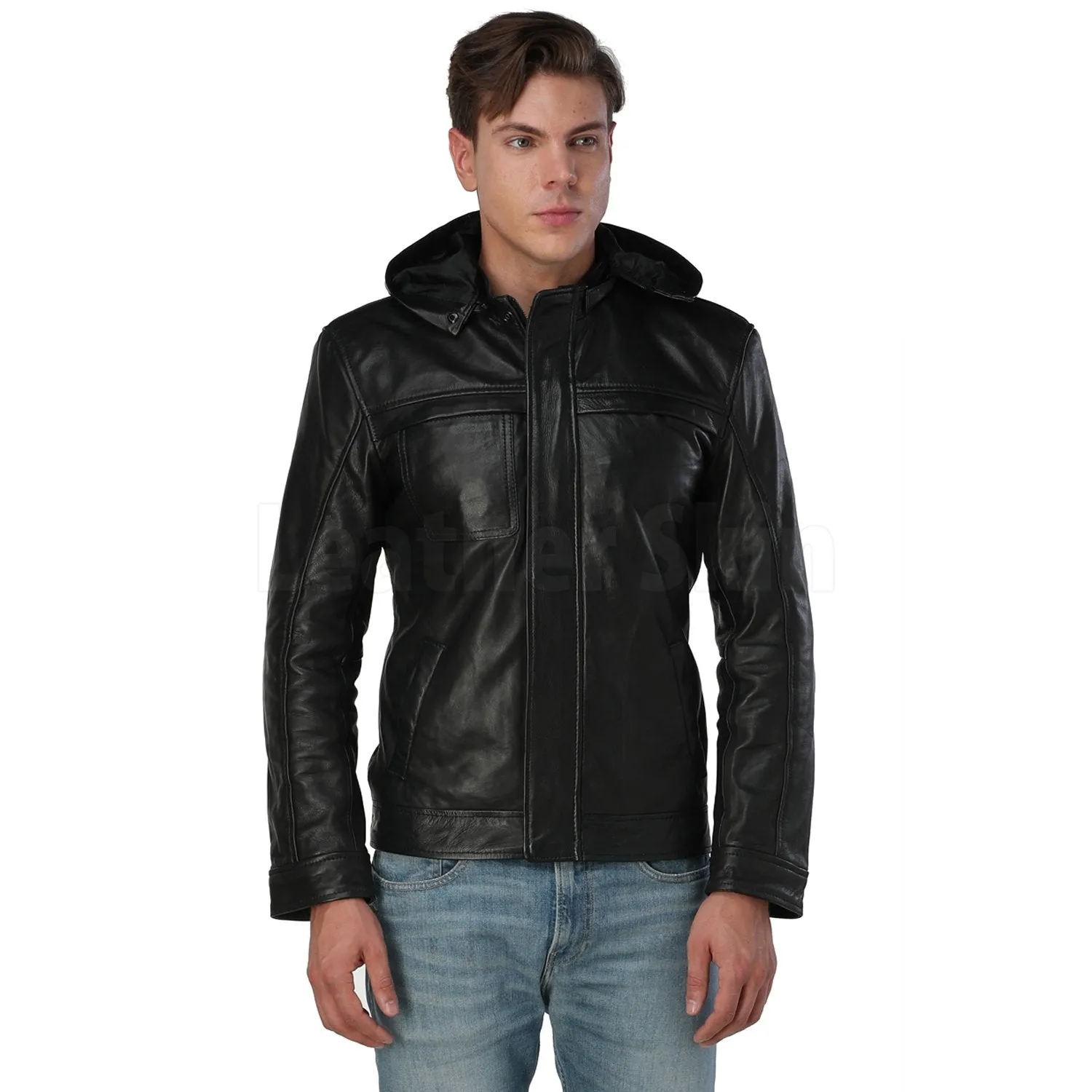 Men’s Black Hooded Leather Jacket