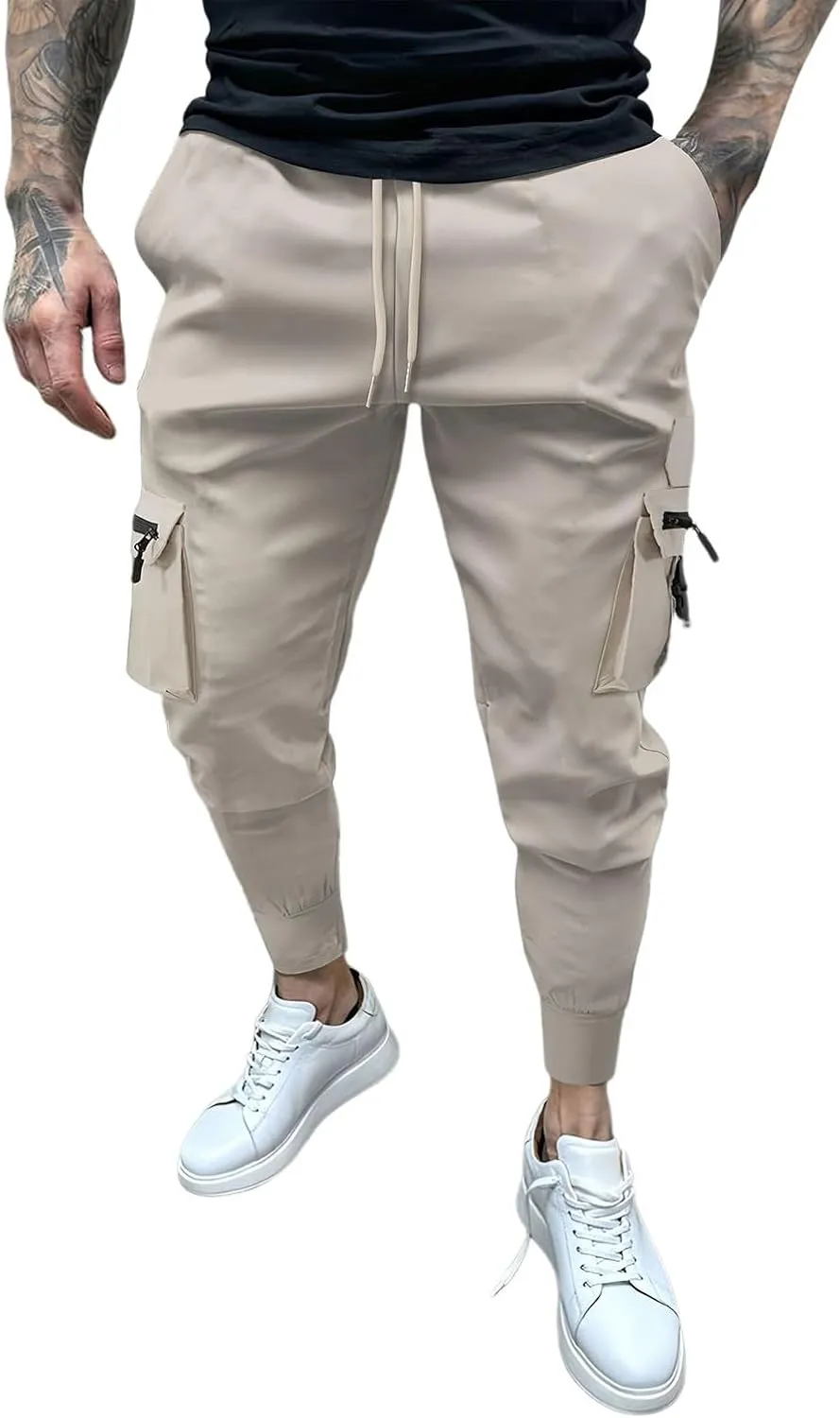 Men's Cargo Jogger Pants Stretch Sweatpants Slim Fit Tactical Pants with Zipper Pockets Casual Trousers Men's Casual Slim Fit Pants Skinny Stretch Dress Slacks #09- Khaki Large