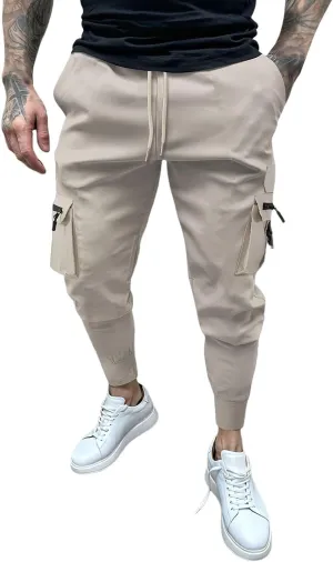 Men's Cargo Jogger Pants Stretch Sweatpants Slim Fit Tactical Pants with Zipper Pockets Casual Trousers Men's Casual Slim Fit Pants Skinny Stretch Dress Slacks #09- Khaki Large