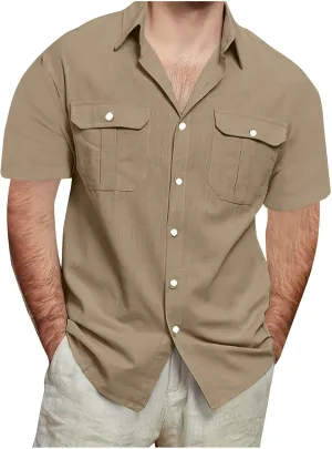 Mens Cargo Shirts Short Sleeve Cotton Linen Tactical T Shirts Multic Pockets Big & Tall Men Summer Hiking Tshirts