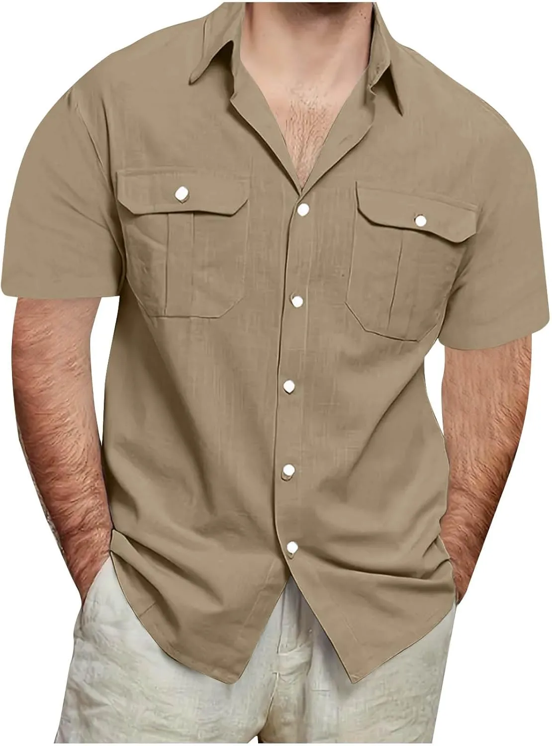 Mens Cargo Shirts Short Sleeve Cotton Linen Tactical T Shirts Multic Pockets Big & Tall Men Summer Hiking Tshirts