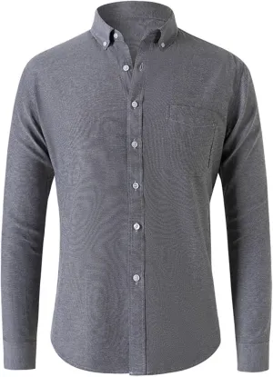 Mens Casual Button Down Cardigan Shirt Solid Color Oxford Fabric Long Sleeve Shirts Slim Fit Lapel Top with Pocket
