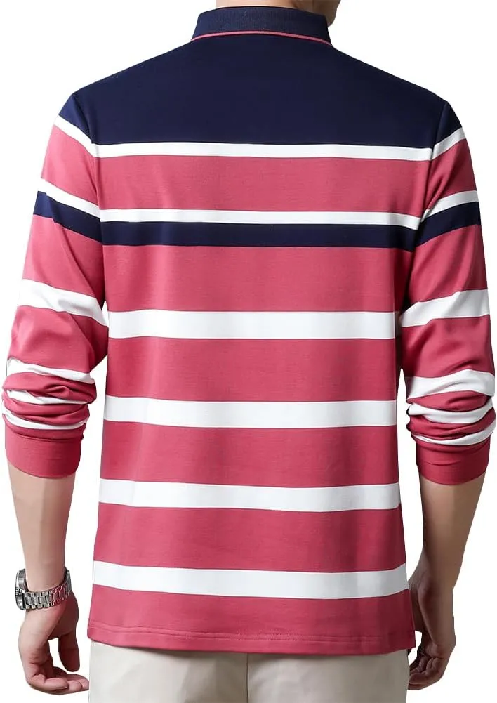 Mens Casual Cotton Striped Long Sleeve Collared T Shirt Polo Shirts