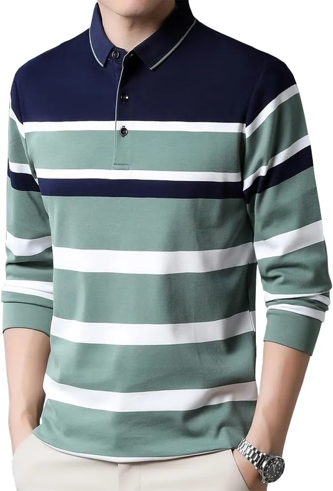 Mens Casual Cotton Striped Long Sleeve Collared T Shirt Polo Shirts