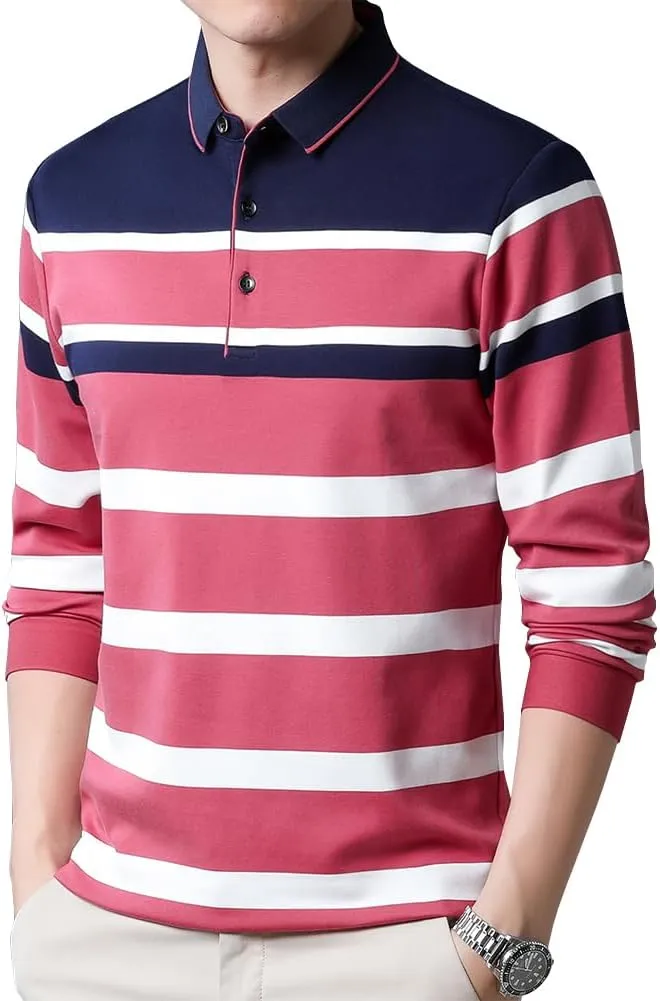 Mens Casual Cotton Striped Long Sleeve Collared T Shirt Polo Shirts