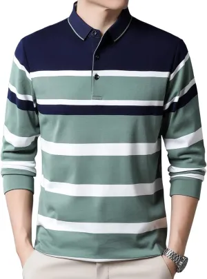 Mens Casual Cotton Striped Long Sleeve Collared T Shirt Polo Shirts