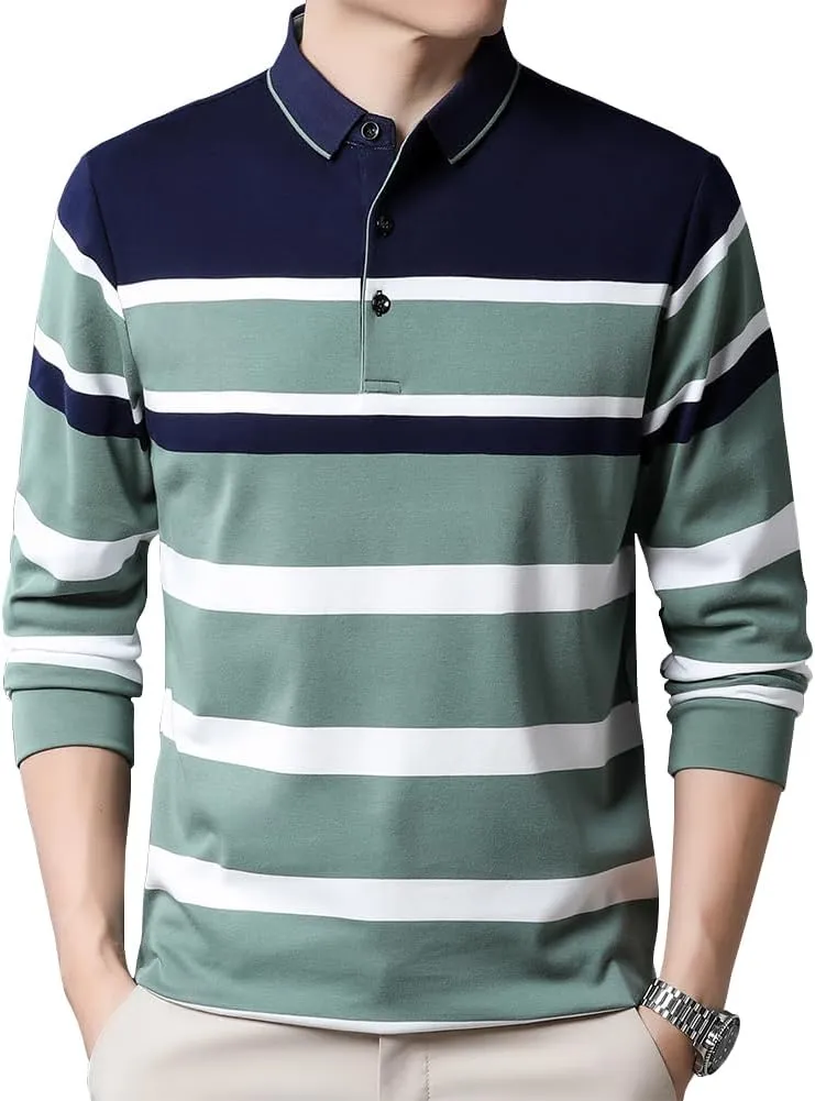 Mens Casual Cotton Striped Long Sleeve Collared T Shirt Polo Shirts