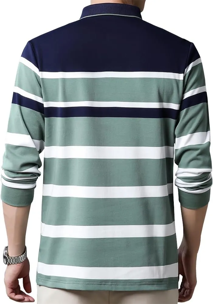 Mens Casual Cotton Striped Long Sleeve Collared T Shirt Polo Shirts
