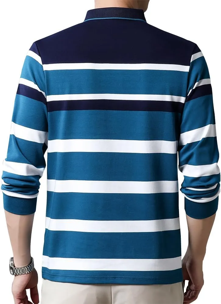 Mens Casual Cotton Striped Long Sleeve Collared T Shirt Polo Shirts