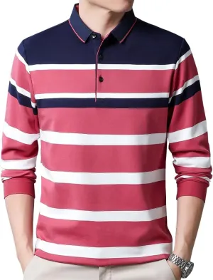 Mens Casual Cotton Striped Long Sleeve Collared T Shirt Polo Shirts