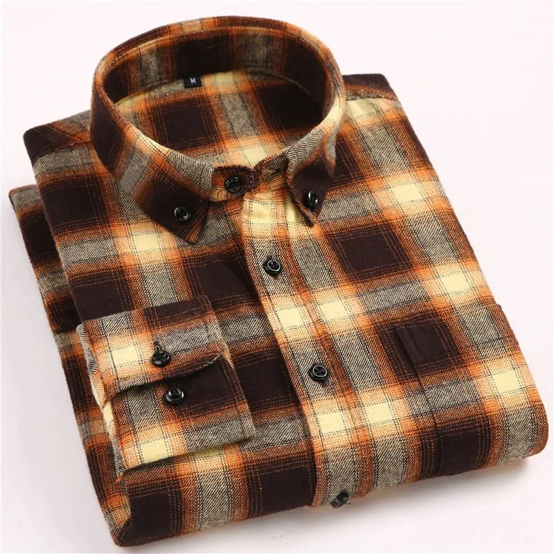 Men's Casual Flannel Plaid Long Sleeved Shirt