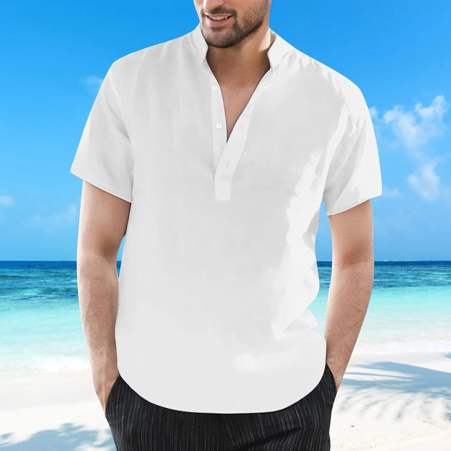 Men's Casual Henley Shirts Cotton Linen Short Sleeve V Neck Band Collar T-Shirts Beach Summer Hippie Lightweight Tops